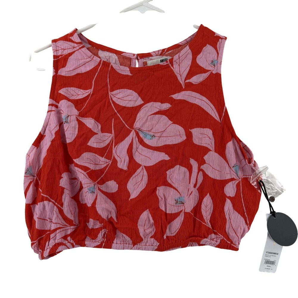 Amuse Society Tank Top Womens Small Red Santa Fe Woven Floral Cropped NWT
